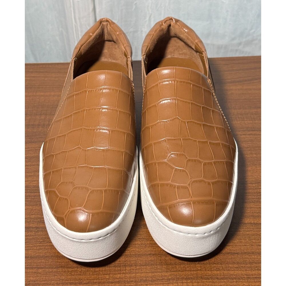 Vince Warren Brown Croc Embossed Leather Platform Slip On Sneakers